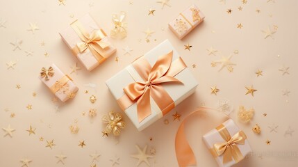 Fototapeta na wymiar Captivating Christmas Gift Ideas: Artisanal Boxes, Chic Ribbon Bows, Orange & Gold Baubles, Shiny Stars, Snowflake Decor, Confetti on a Gentle Pastel Surface - Vertical Top View Image