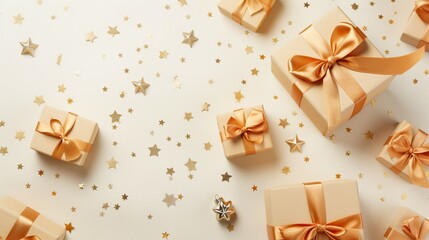 Obraz na płótnie Canvas Captivating Christmas Gift Ideas: Artisanal Boxes, Chic Ribbon Bows, Orange & Gold Baubles, Shiny Stars, Snowflake Decor, Confetti on a Gentle Pastel Surface - Vertical Top View Image