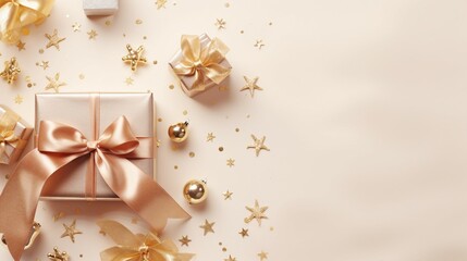 Captivating Christmas Gift Ideas: Artisanal Boxes, Chic Ribbon Bows, Orange & Gold Baubles, Shiny Stars, Snowflake Decor, Confetti on a Gentle Pastel Surface - Vertical Top View Image