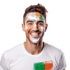 front view of a handsome man with his face painted with a Ireland flag colors smiling isolated on a white transparent background 