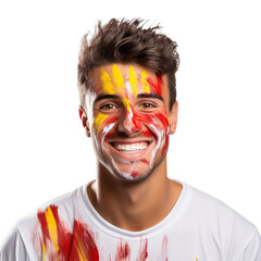 front view of a handsome man with his face painted with a Montenegro flag colors smiling isolated on a white transparent background 