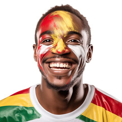 front view of a handsome man with his face painted with a Mozambique flag colors smiling isolated on a white transparent background 