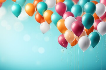 Happy birhtday greeting banner design, flying helium air balloons, festive celebration background