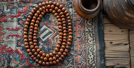 tasbih on carpet flatlay, ramadan concept