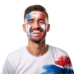 front view of a handsome man with his face painted with a Slovakia flag colors smiling isolated on a white transparent background 
