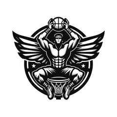 basketball mascot logo of a man slam dunking a net with wings © GEAD