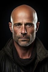 Fototapeta premium A man without hair in a dark jacket on a dark background.