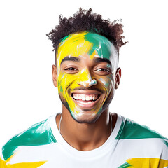 front view of a handsome man with his face painted with a St. Vincent & Grenadines flag colors smiling isolated on a white transparent background  - obrazy, fototapety, plakaty