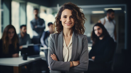 Photography of a pleased, woman in her 40s that is wearing a tailored skirt suit against a corporate boardroom background - obrazy, fototapety, plakaty