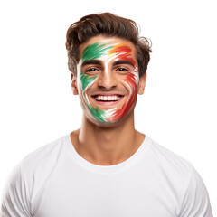 front view of a handsome man with his face painted with a Turkmenistan flag colors smiling isolated on a white transparent background 