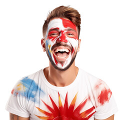 front view of a handsome man with his face painted with a Turkey flag colors smiling isolated on a white transparent background 