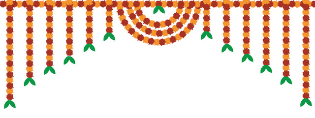 Traditional indian marigold floral garland vector,wedding and festival decoration,border flower decoration with transparent background - obrazy, fototapety, plakaty