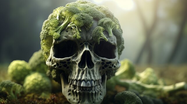 Close up photo of a head of broccoli in the shape of a skull