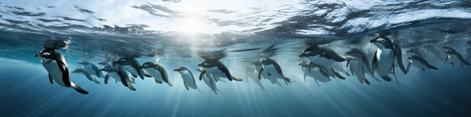 Naklejka premium Penguins diving in a row into the icy waters, their streamlined bodies disappearing beneath the surface