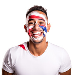 front view of a handsome man with his face painted with a Dominican Republic flag colors smiling isolated on a white transparent background 