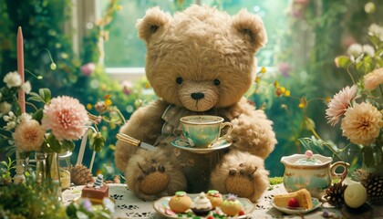 Teddy bear seated at a whimsically decorated birthday tea party, complete with tiny tea cups and delicious treats,