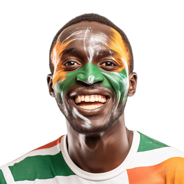 front view of a handsome man with his face painted with a Zambia flag colors smiling isolated on a white transparent background 