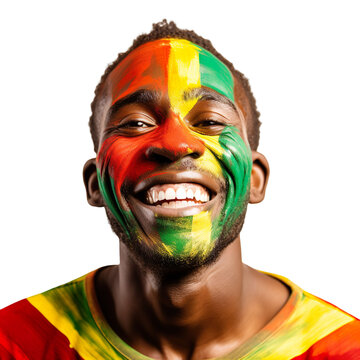 front view of a handsome man with his face painted with a Zimbabwe flag colors smiling isolated on a white transparent background 