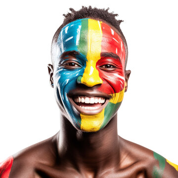 front view of a handsome man with his face painted with a Congo flag colors smiling isolated on a white transparent background 