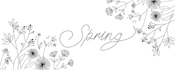 Beautiful flowers and natural leaves decoration spring illustration. Floral and botanical graphic for spring time. 