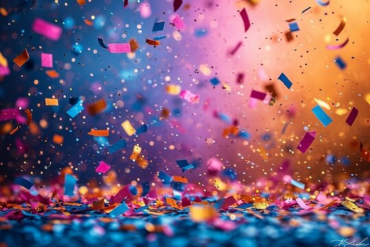 Dive into the festive atmosphere with this captivating image of colorful confetti against a vibrant bokeh background, creating a dynamic and celebratory visual experience for your projects