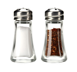 Bottles of pepper, chili powder and salt, seasonings, PNG file, isolated background.