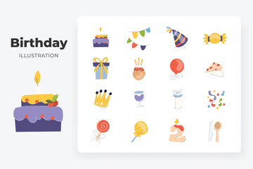 flat birthday element illustration set