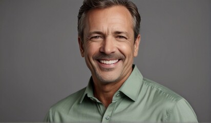 Fototapeta premium Happy middle aged business man entrepreneur, smiling mature professional executive manager, confident businessman leader investor wearing green from Generative AI