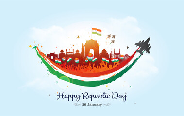 Vector illustration Happy republic day of India and Indian Army tricolor fighter jet parade at India gate with smile on 26 January.