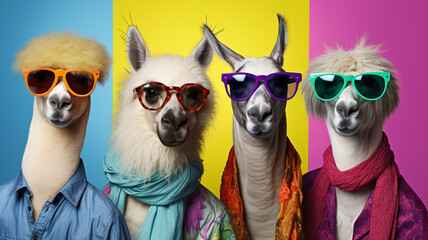 Lamas in bright, bright fashionable outfits on a brightly colored background