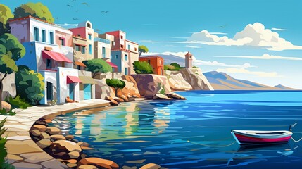 A beautiful Mediterranean coastal town with colorful houses. Generative AI