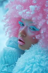 Stunning portrait of a fashion model with ice queen themed makeup and wardrobe in cool winter tones