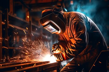 industrial worker is welding steel products in the factory - obrazy, fototapety, plakaty