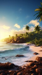 Fototapeta premium A breathtaking vista of palm-covered islands illuminated by the setting sun's rays, casting long shadows across the sandy beaches and crystal-clear waters. Generative AI