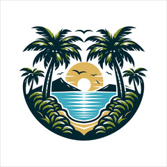 T-shirt illustration design for vector beach and coconut tree views
