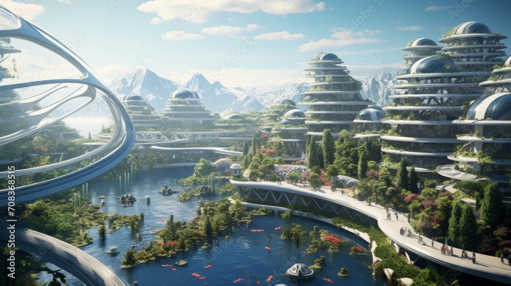 Poster A city of innovation featuring bio-inspired designs, modular architecture, and floating structures Generative AI