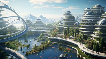 A city of innovation featuring bio-inspired designs, modular architecture, and floating structures Generative AI
