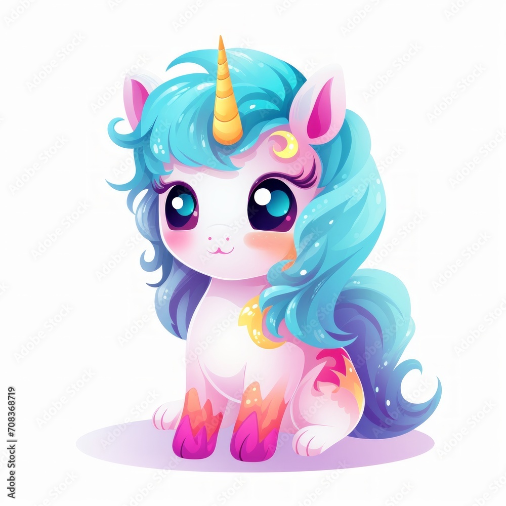 Poster a delightful creature resembling a tiny unicorn, yet with whimsical, colorful fur. generative ai