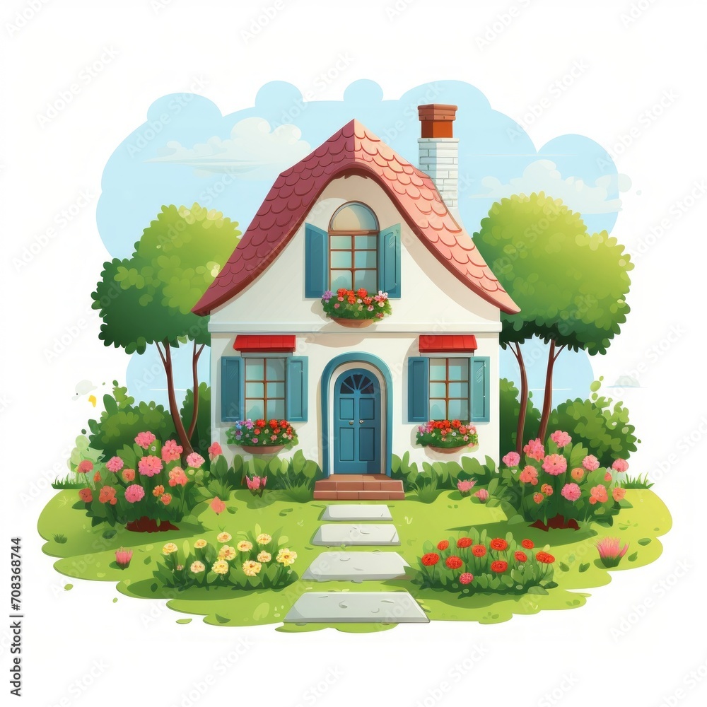 Poster a delightful miniature house with vibrant shutters and a well-kept garden path. generative ai