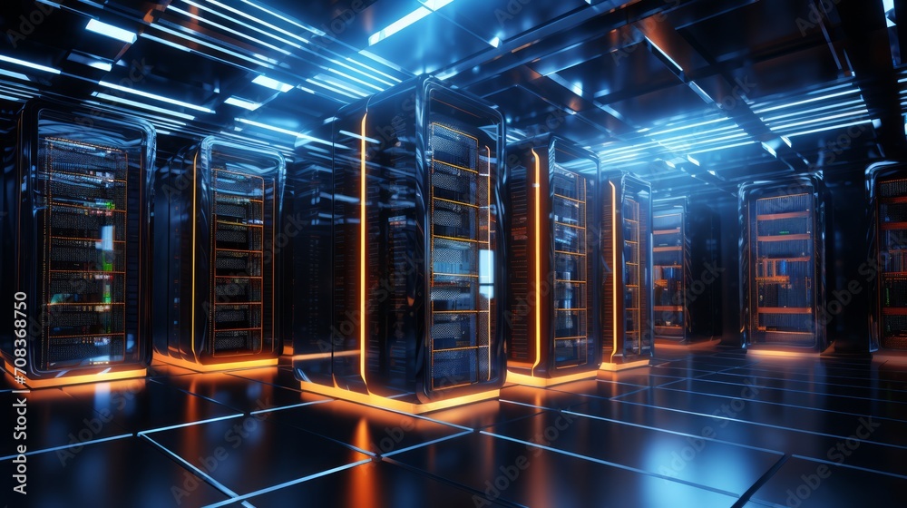 Poster a detailed illustration of server racks and data storage units within a render farm, emphasizing the