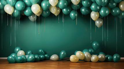 Luxurious background interior room with balloons and decorate. Photo-wall decoration for St. Patrick's Day, wedding, birthday, party. Beautiful decorative celebration concept. Generative AI - obrazy, fototapety, plakaty