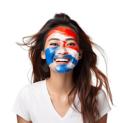 front view of a beautiful woman with her face painted with a Cambodia flag colors smiling isolated on a white transparent background 