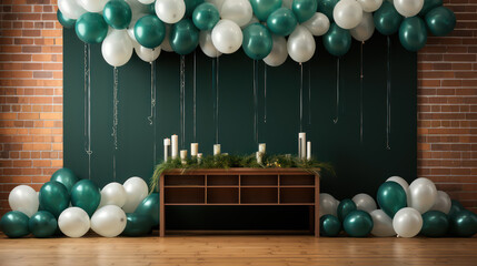 Luxurious background interior room with balloons and decorate. Photo-wall decoration for St. Patrick's Day, wedding, birthday, party. Beautiful decorative celebration concept. Generative AI