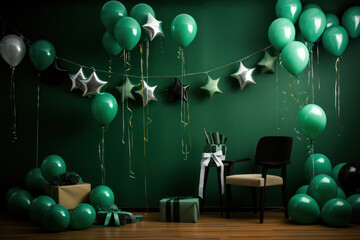 Obraz na płótnie Canvas Luxurious background interior room with balloons and decorate. Photo-wall decoration for St. Patrick's Day, wedding, birthday, party. Beautiful decorative celebration concept. Generative AI