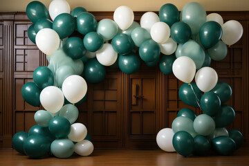 Luxurious background interior room with balloons and decorate. Photo-wall decoration for St. Patrick's Day, wedding, birthday, party. Beautiful decorative celebration concept. Generative AI