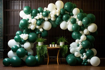 Luxurious background interior room with balloons and decorate. Photo-wall decoration for St. Patrick's Day, wedding, birthday, party. Beautiful decorative celebration concept. Generative AI