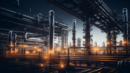 A detailed view of a refinery, capturing the intricate network of pipes and structures. Generative AI