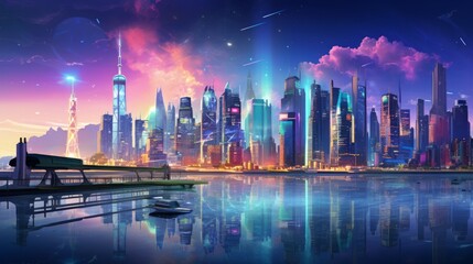 A digital painting of a city skyline filled with holographic projections, advanced AI systems, and sustainable infrastructure set against a vibrant atmosphere. photorealistic Generative AI