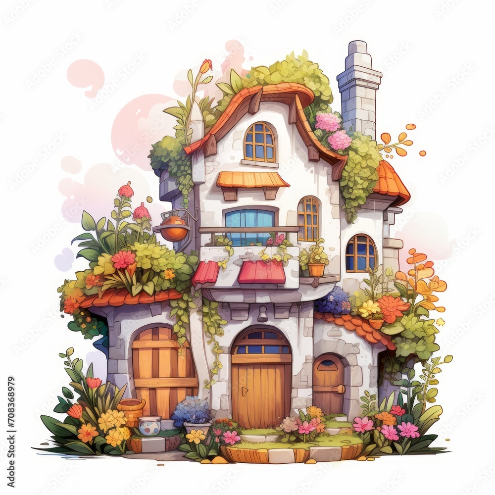 Poster a fairytale abode featuring a vibrant rooftop garden and quaint window boxes. generative ai