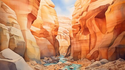 A majestic canyon with layered rock formations. landscape watercolor Generative AI